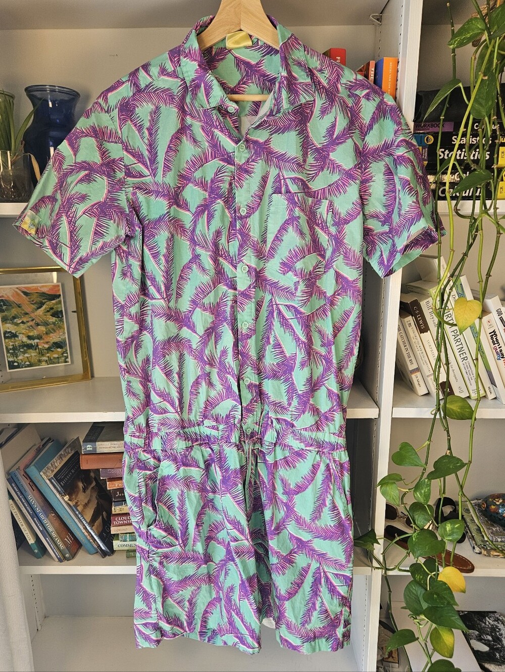 Zesties Mens Romper The Fronds Tropical Print Teal Purple Palm Tree Size XL